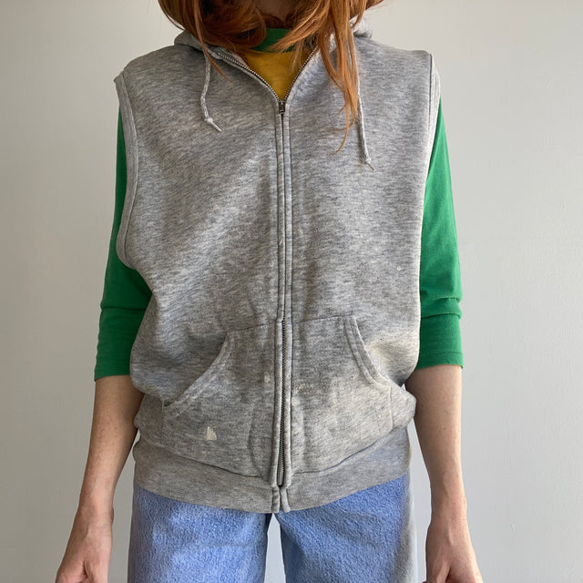 Gilet à capuche zippé gris teinté de peinture des années 1970 par Sportswear