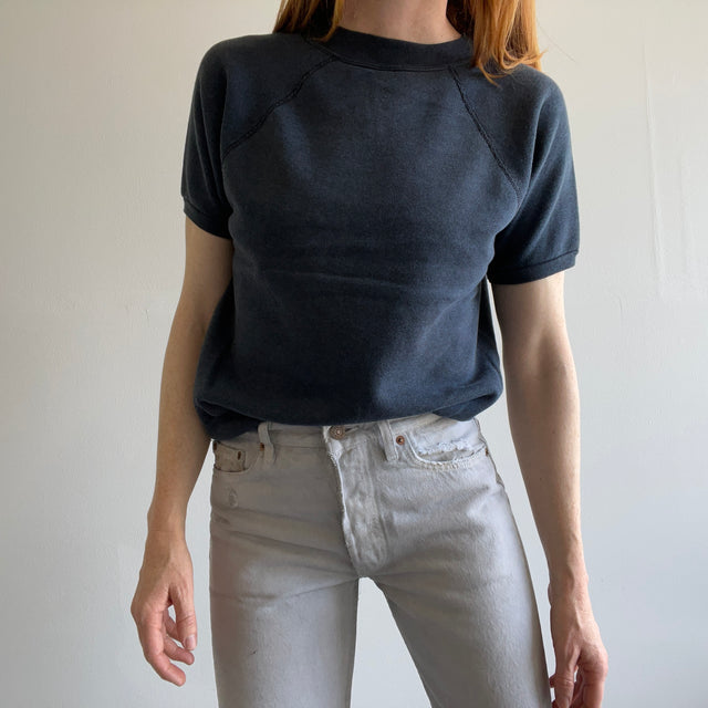 1980s Blank Navy Warm Up Sweat à manches courtes