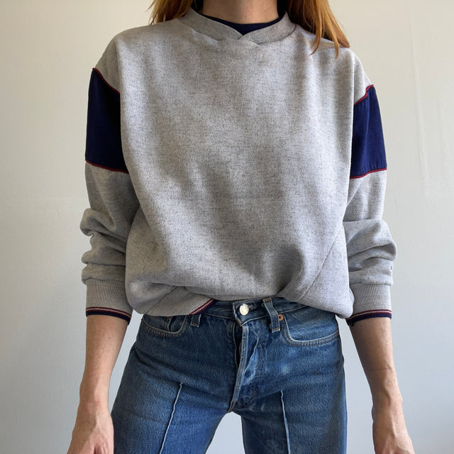 1980s Color Block Double Crew Sweatshirt with Pockets!!!