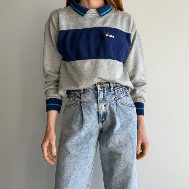 1980s Pierre Cardin Built In Collared Color Block Sweatshirt