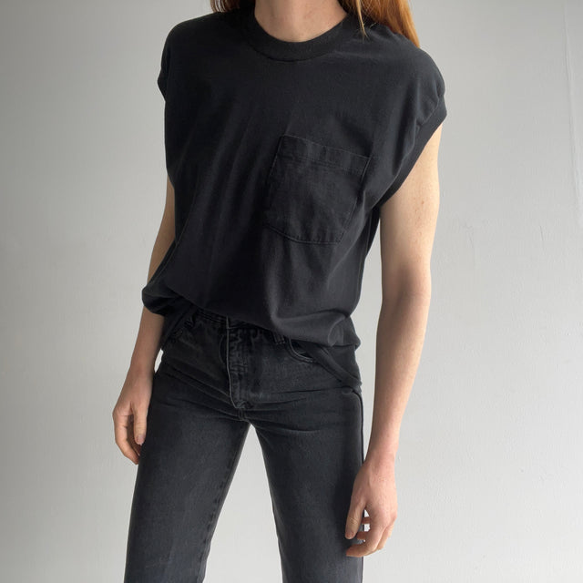 1990s Slouchy and Thin Blank Black Muscle Tank T-Shirt