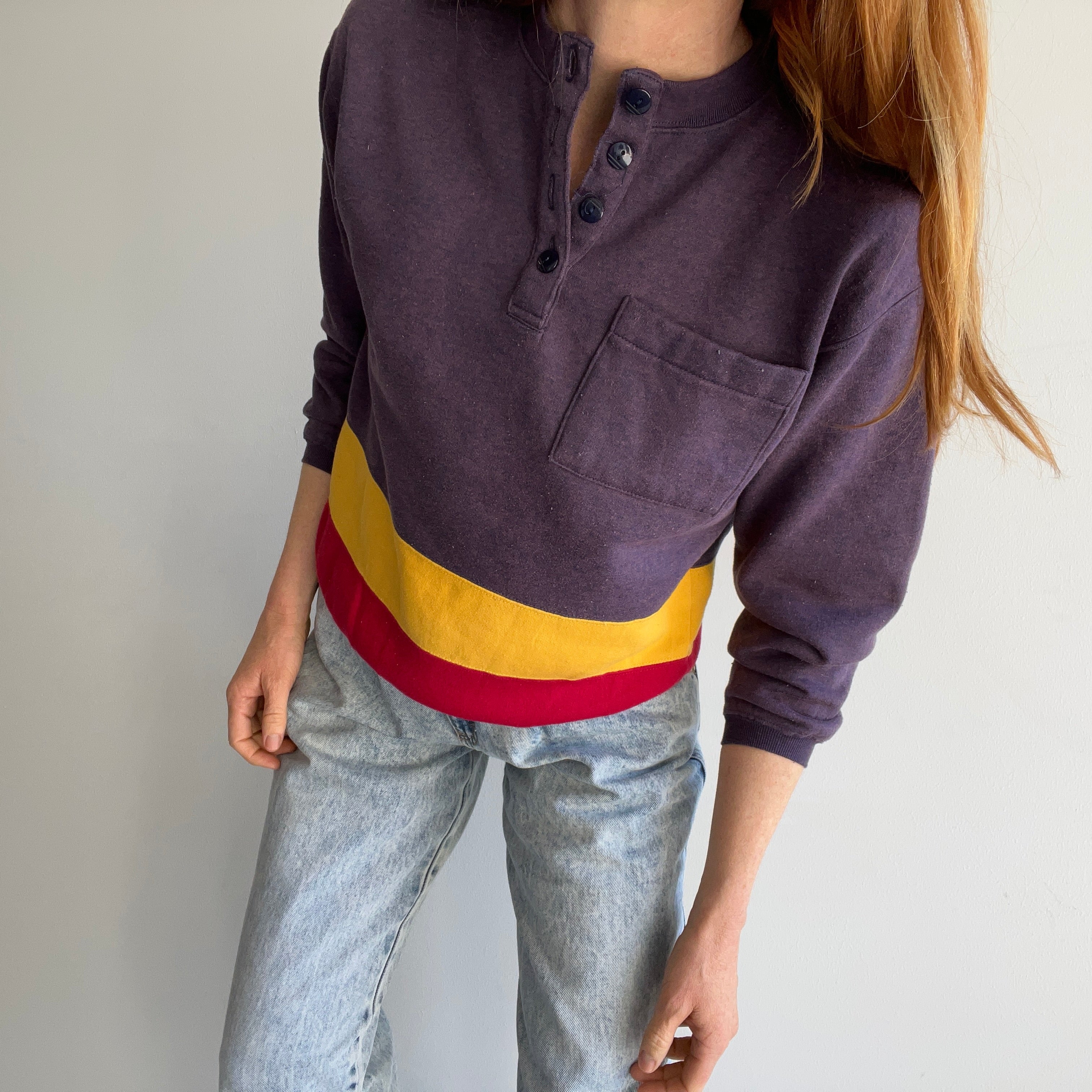 1980s Color Block Henley Sweatshirt