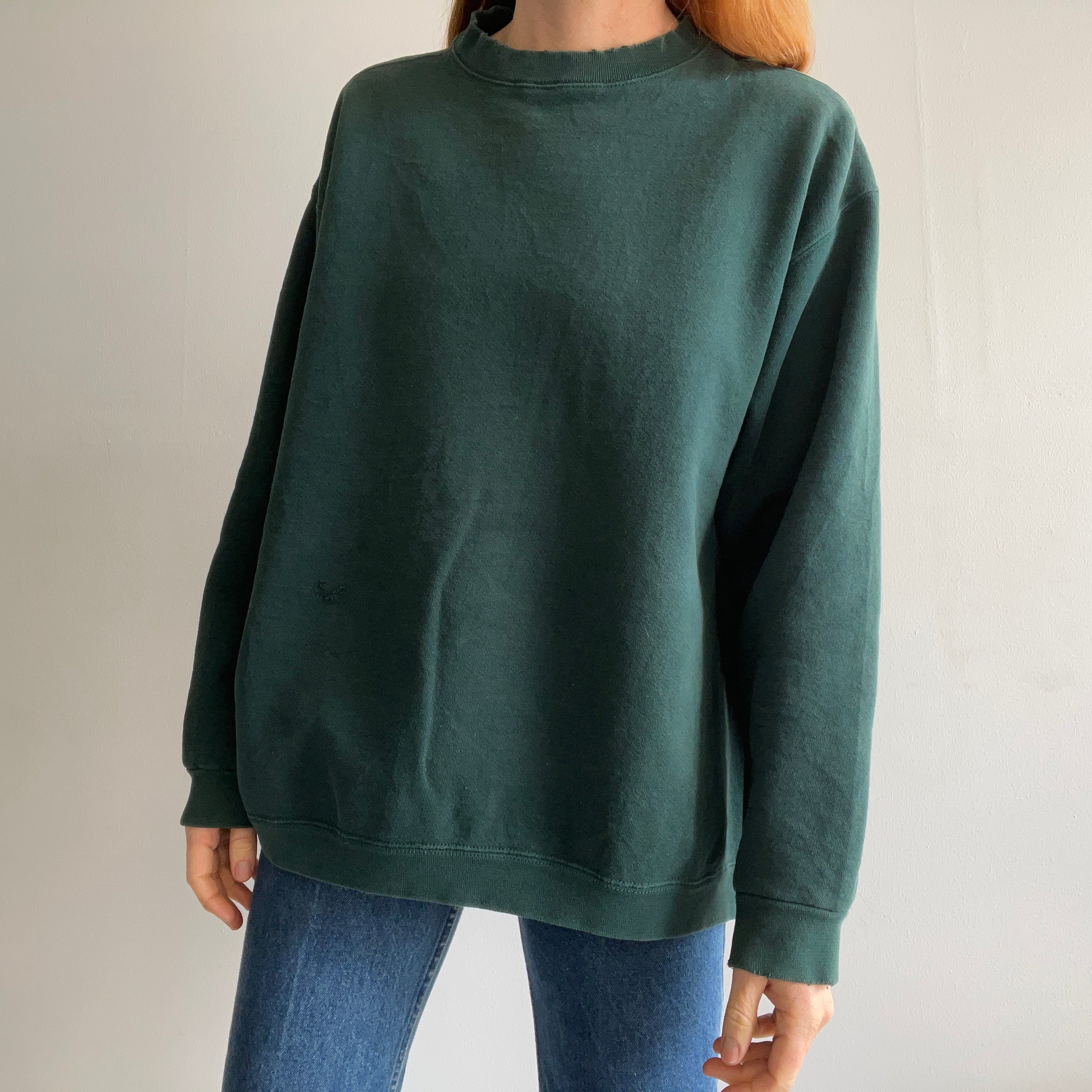 1990s Heavyweight Dark Green Sweatshirt with Mending