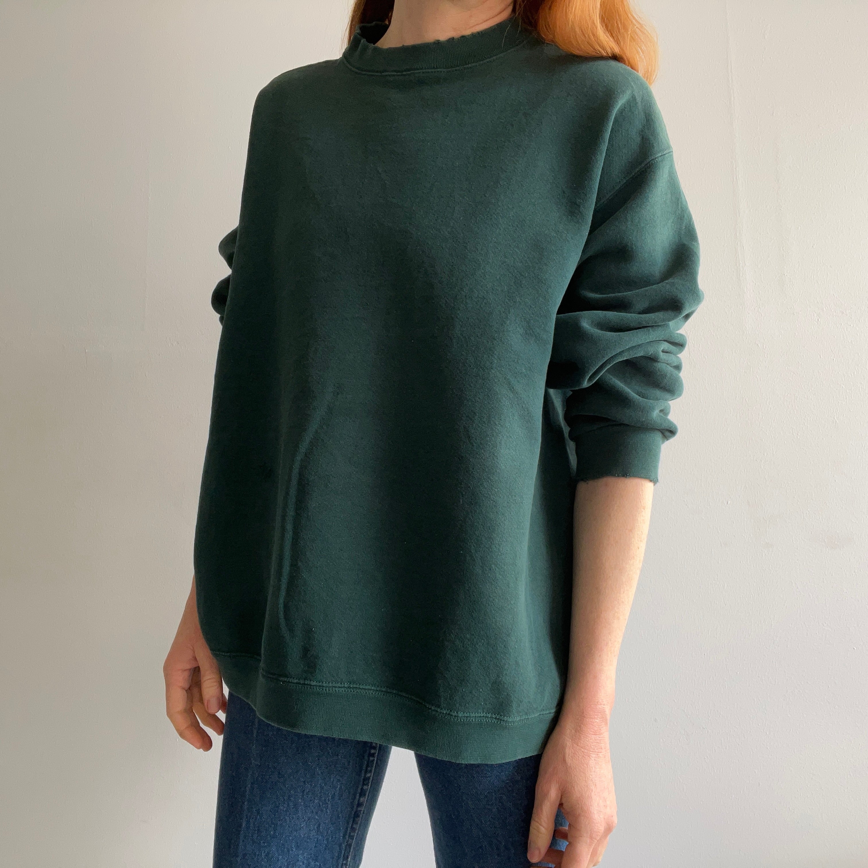 1990s Heavyweight Dark Green Sweatshirt with Mending