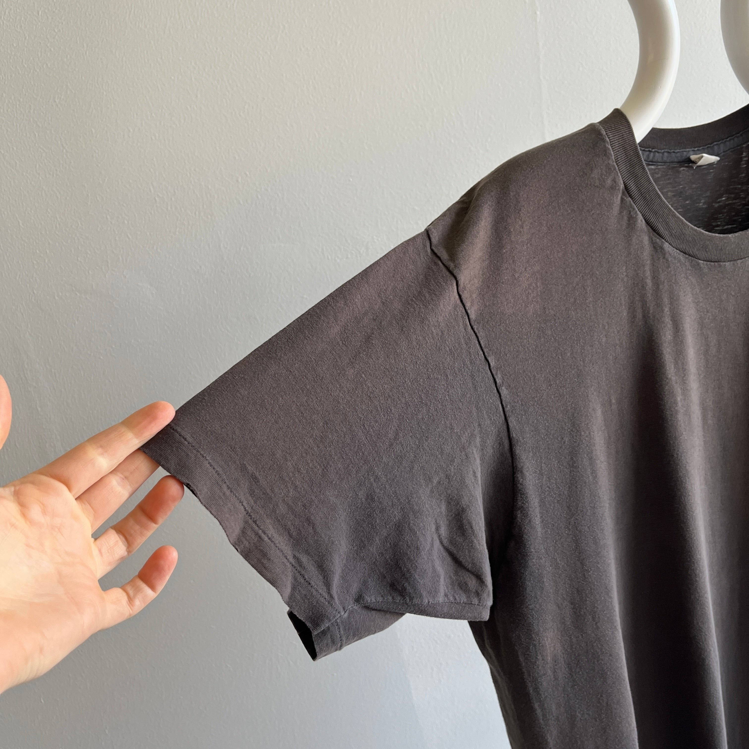 1990s Very Faded and Long Blank Black/Brown Pocket T-Shirt by Jockey