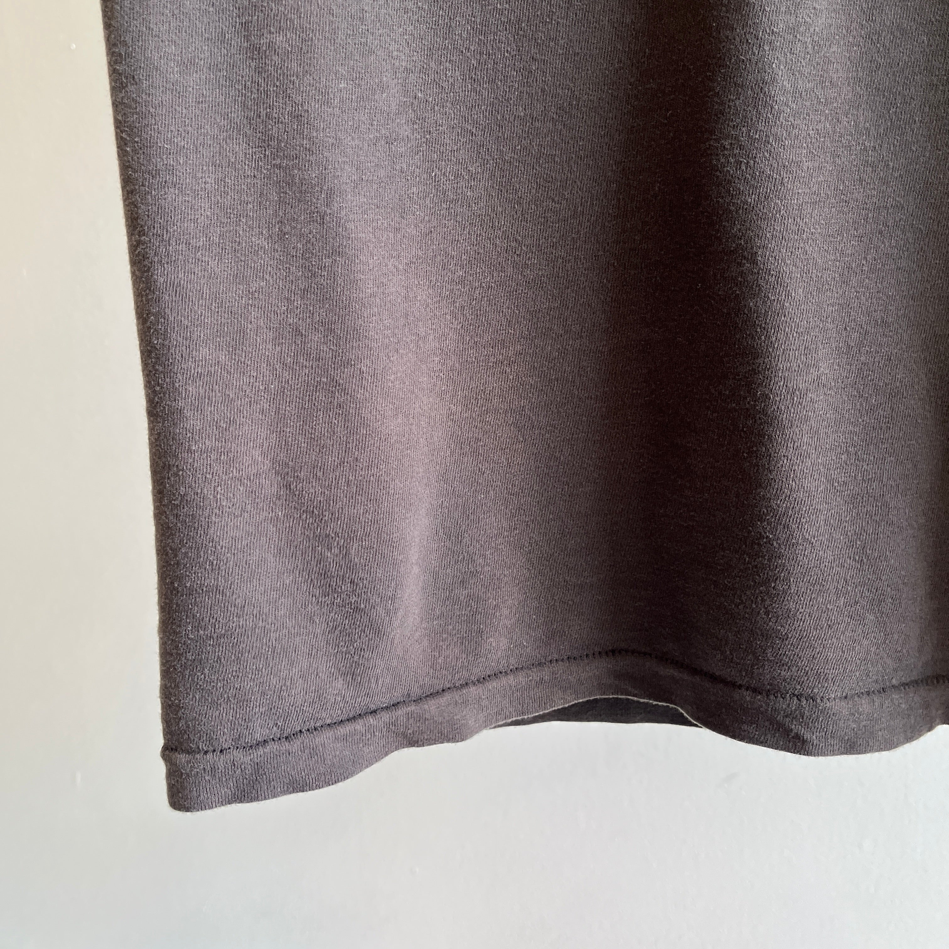 1990s Very Faded and Long Blank Black/Brown Pocket T-Shirt by Jockey