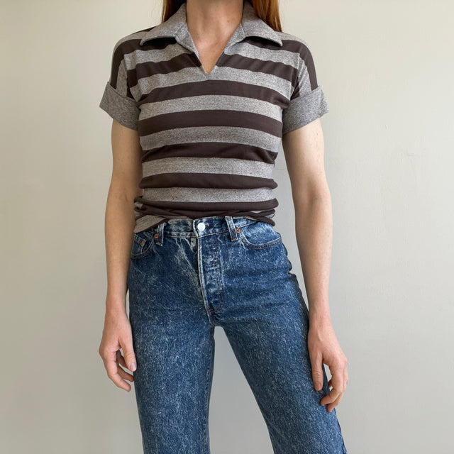 1970s FItted Gray and Black Striped Collared T-Shirt