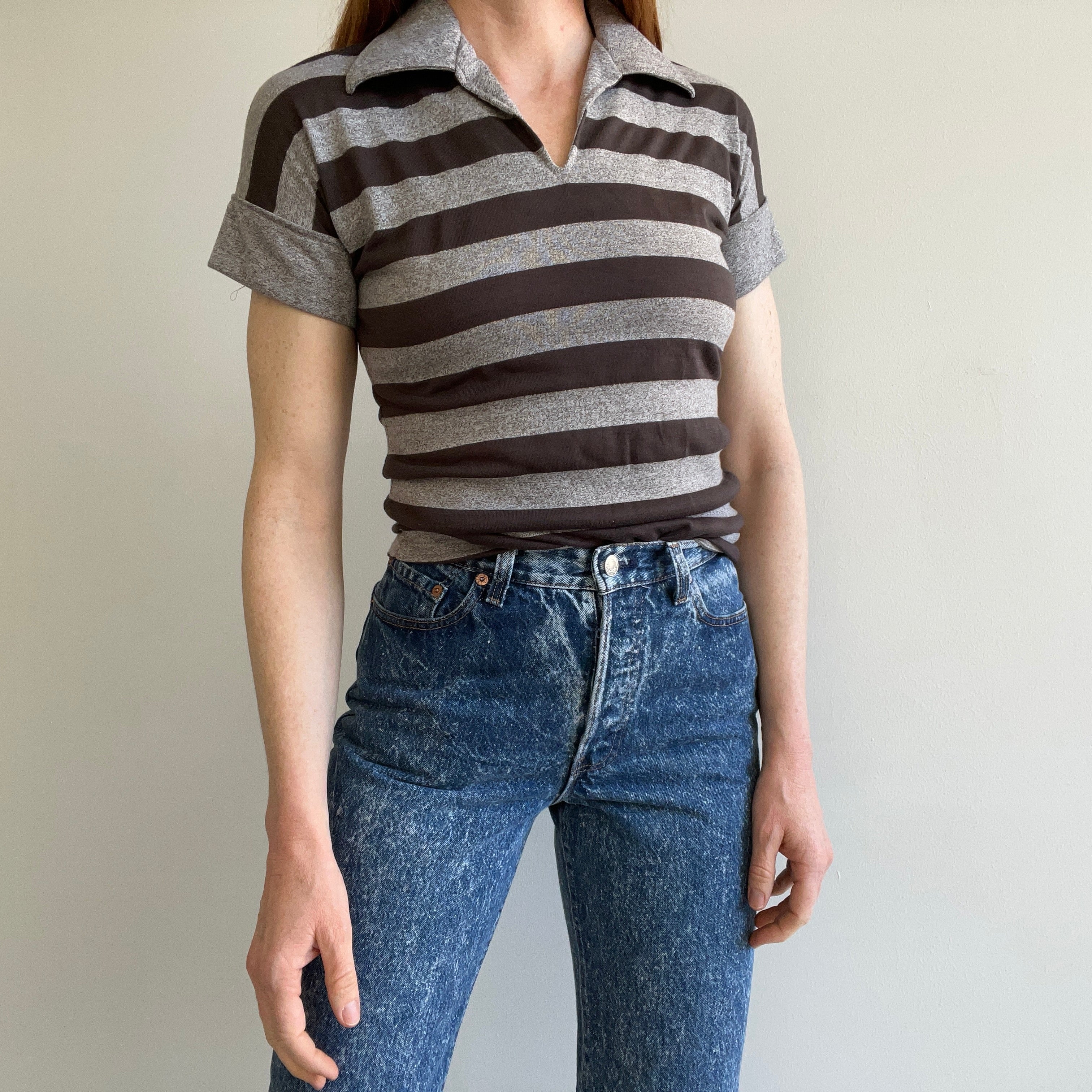 1970s FItted Gray and Black Striped Collared T-Shirt