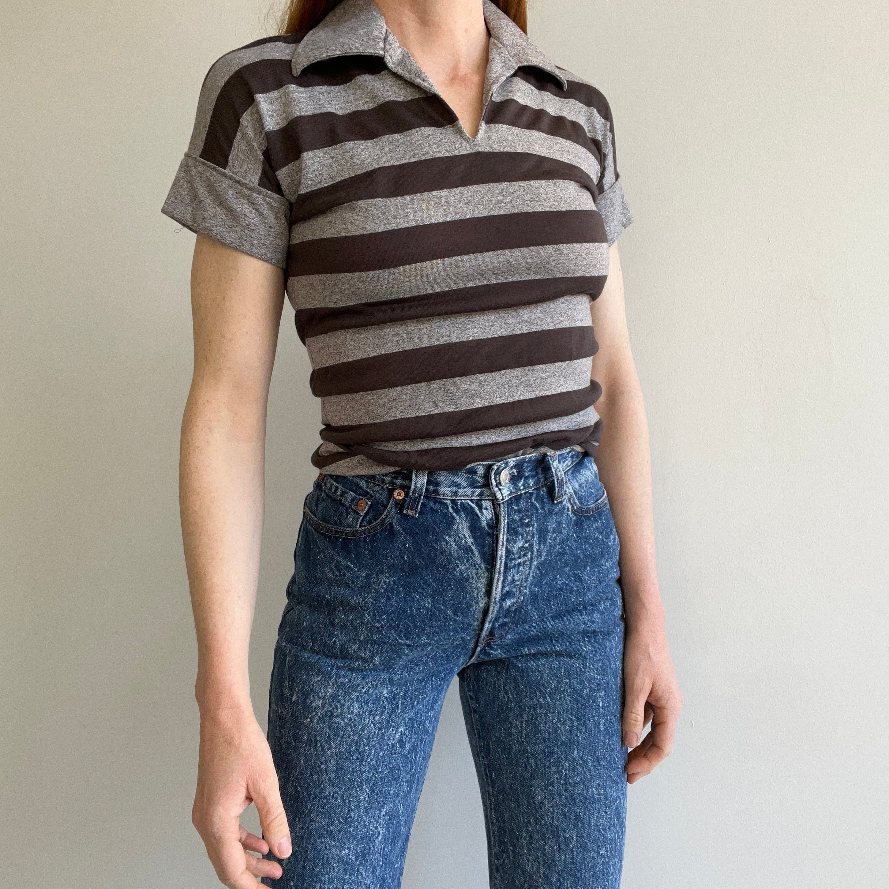 1970s FItted Gray and Black Striped Collared T-Shirt