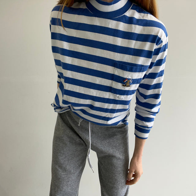 1990s USA Made Ralph Lauren Striped Mock Neck Pocket Long Sleeve T-Shirt