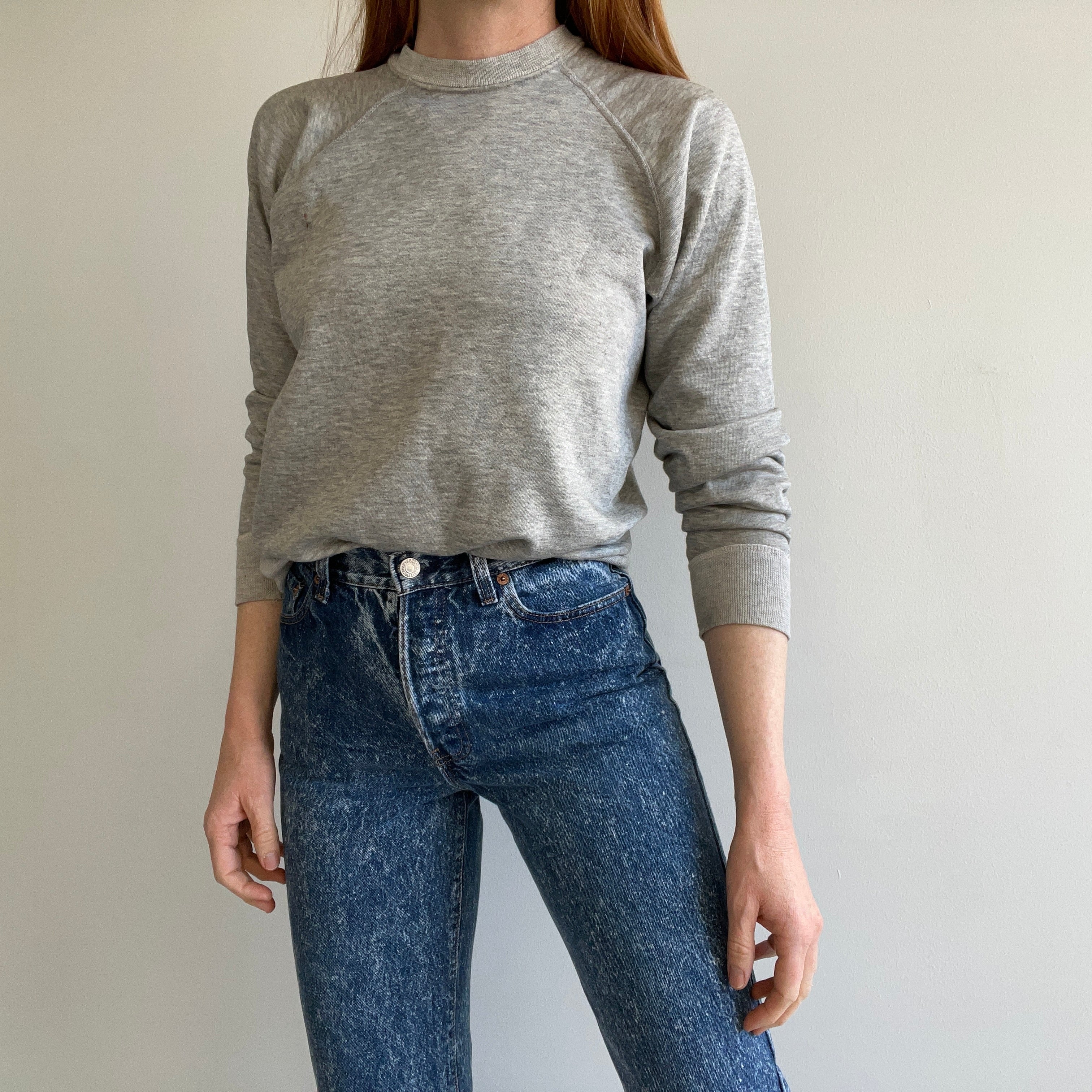1980s Soft, Slouchy, Stained Blank Gray Raglan