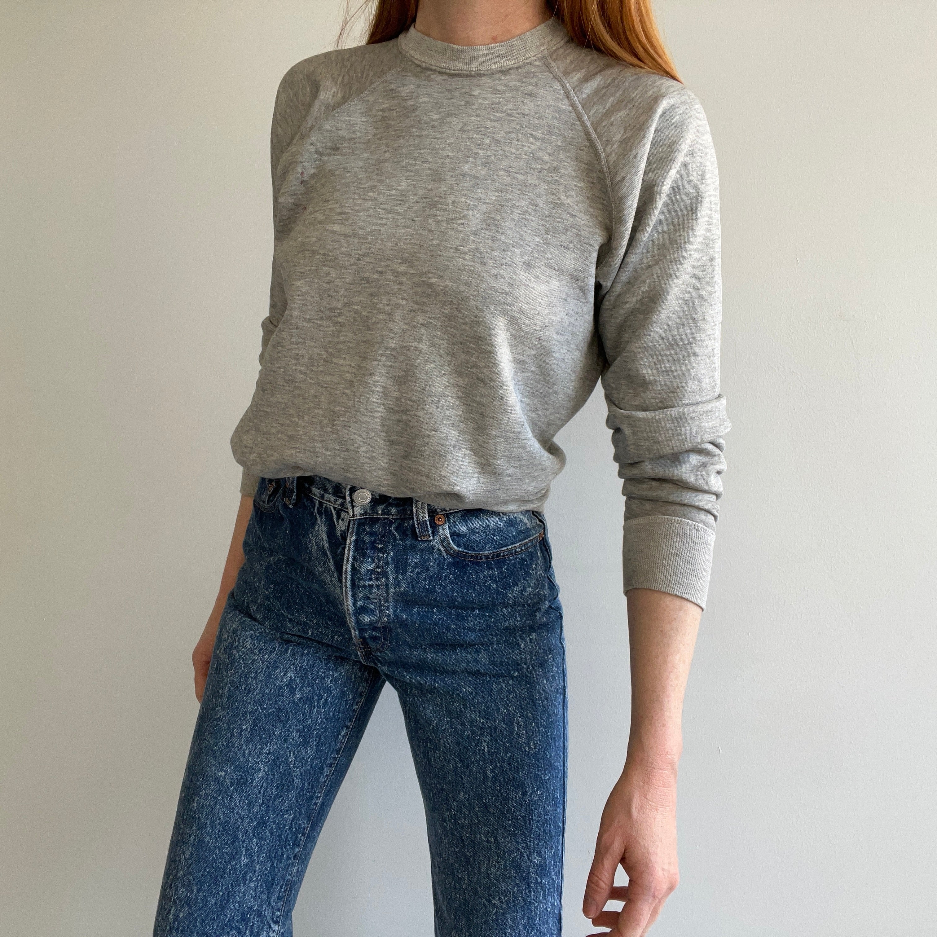 1980s Soft, Slouchy, Stained Blank Grey Raglan