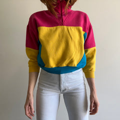 1980 s Color Block Mock Neck 1/4 Zip Rad Rad Rad Sweatshirt avec épaulettes !!