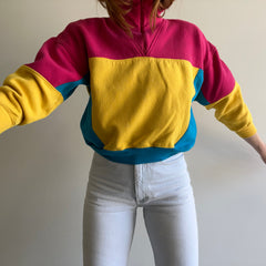 1980s Color Block Mock Neck 1/4 Zip Rad Rad Rad Sweatshirt with Shoulder Pads!!