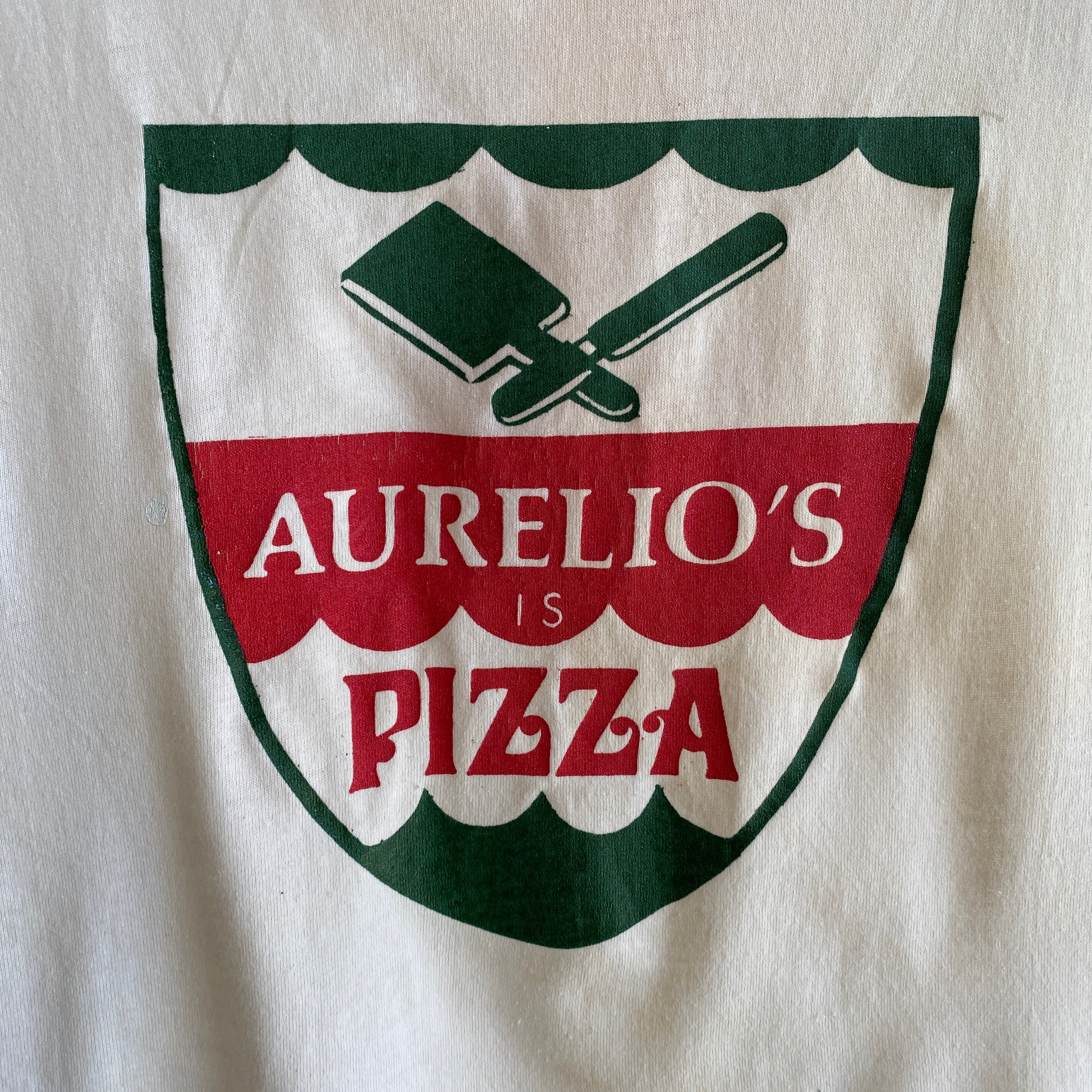 1970s Aurelio's Is Pizza V-Neck Ring Tee with No. 5 on the Backside