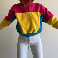 1980s Color Block Mock Neck 1/4 Zip Rad Rad Rad Sweatshirt with Shoulder Pads!!