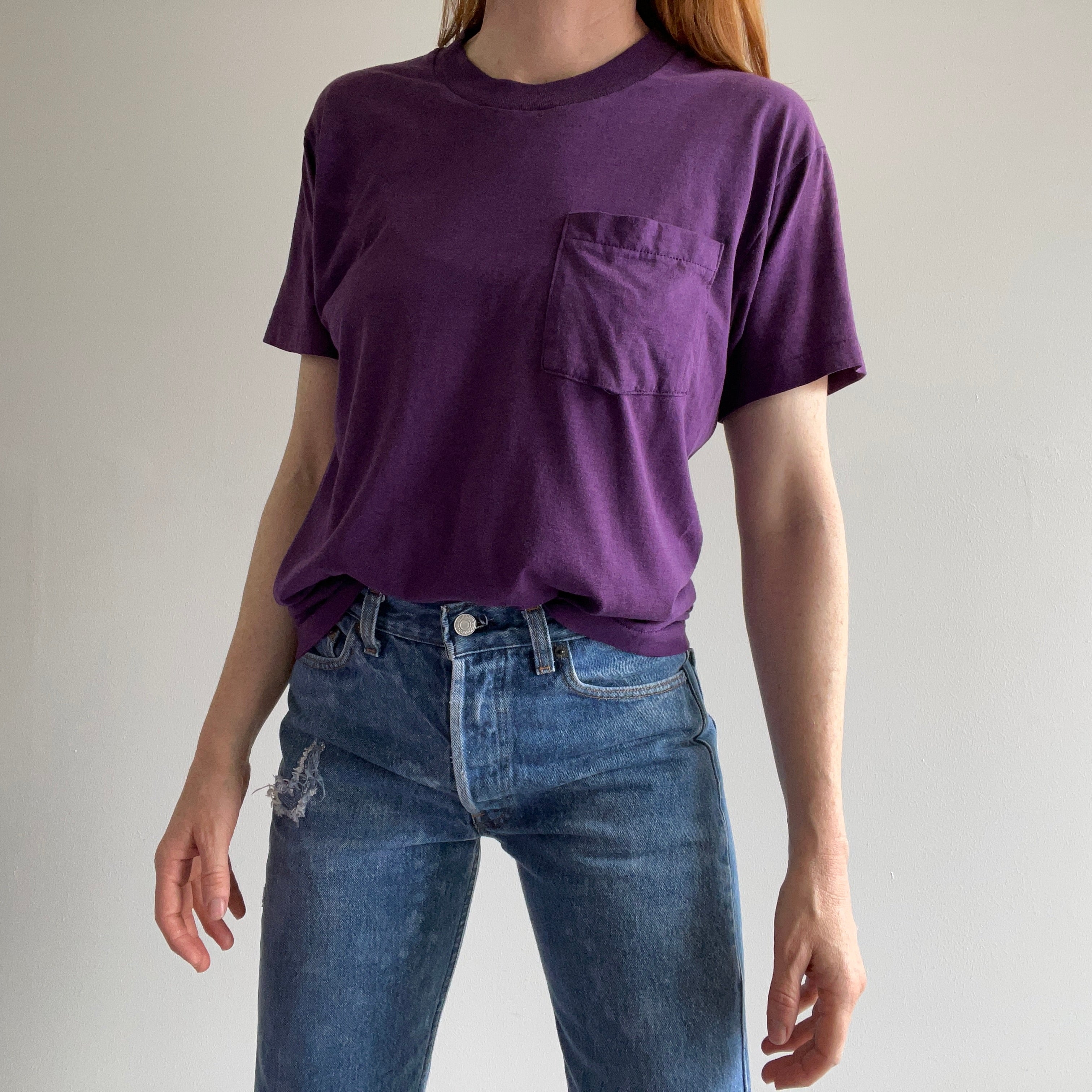T-shirt à poche violet 50/50 Sun Faded des années 1980