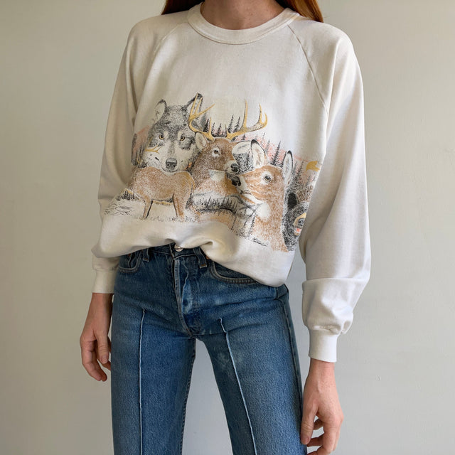 1980/90s Pit Stained and Worn Forest Animal Rolled Neck Sweatshirt