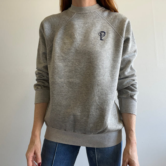 1980s DIY Needlepoint "P" Super Stained Sweatshirt
