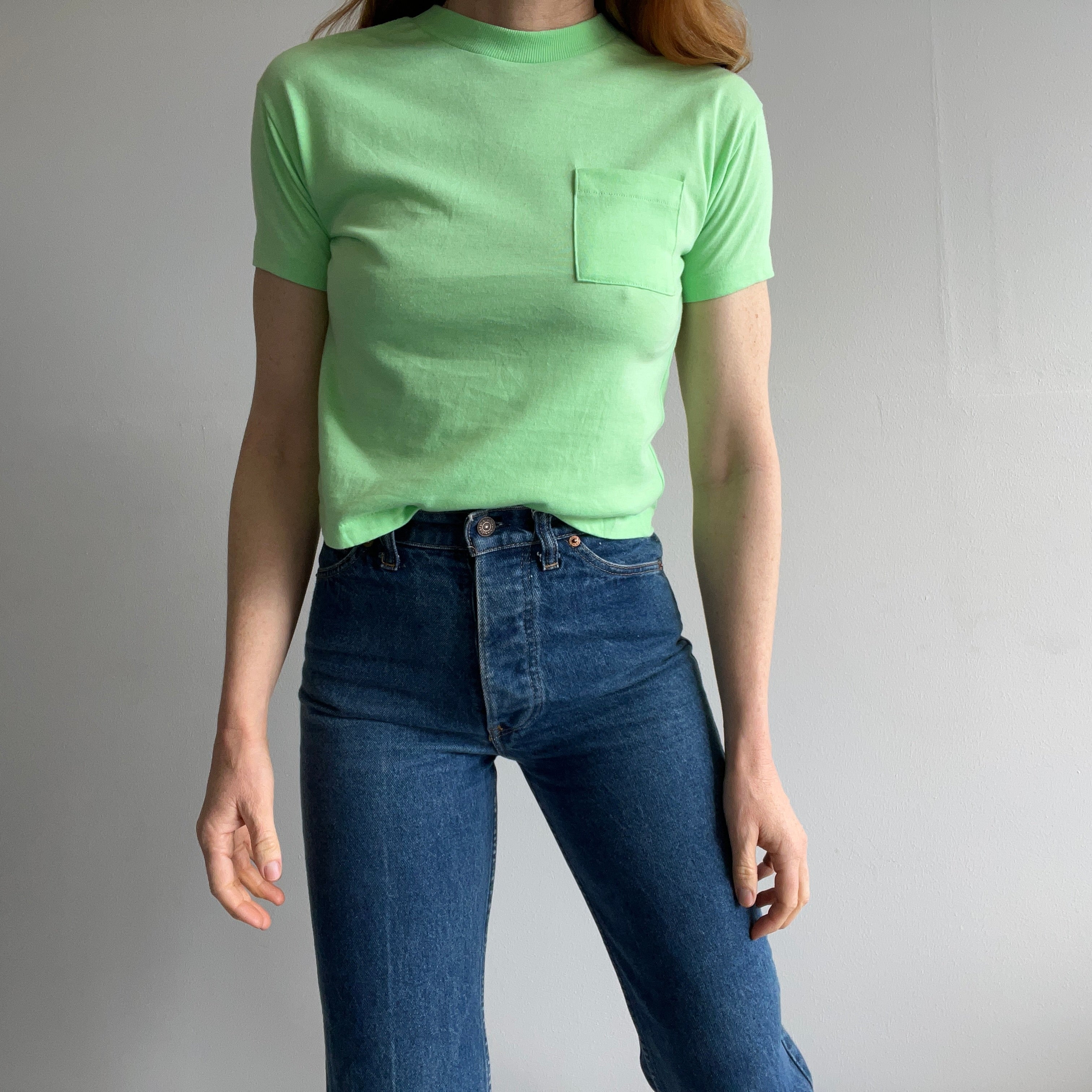 1980s Neon Green Mini T-Shirt with Mending and a Pocket