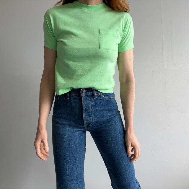 1980s Neon Green Mini T-Shirt with Mending and a Pocket