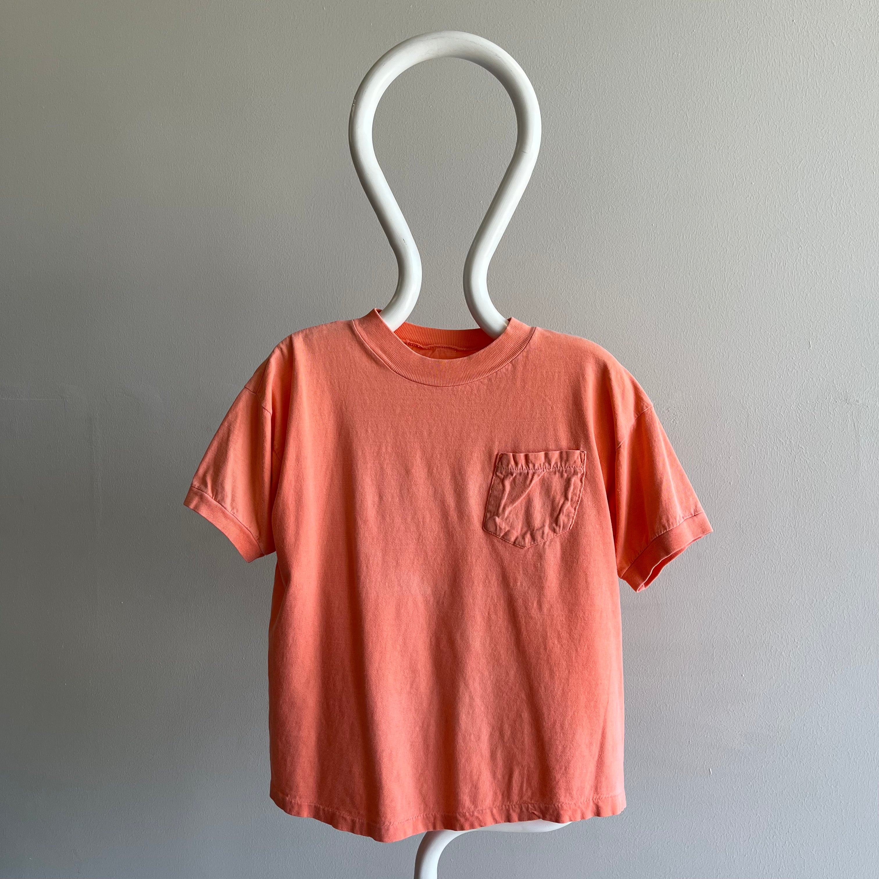 1990s Faded Neon Orange Boxy Cotton Pocket T-Shirt