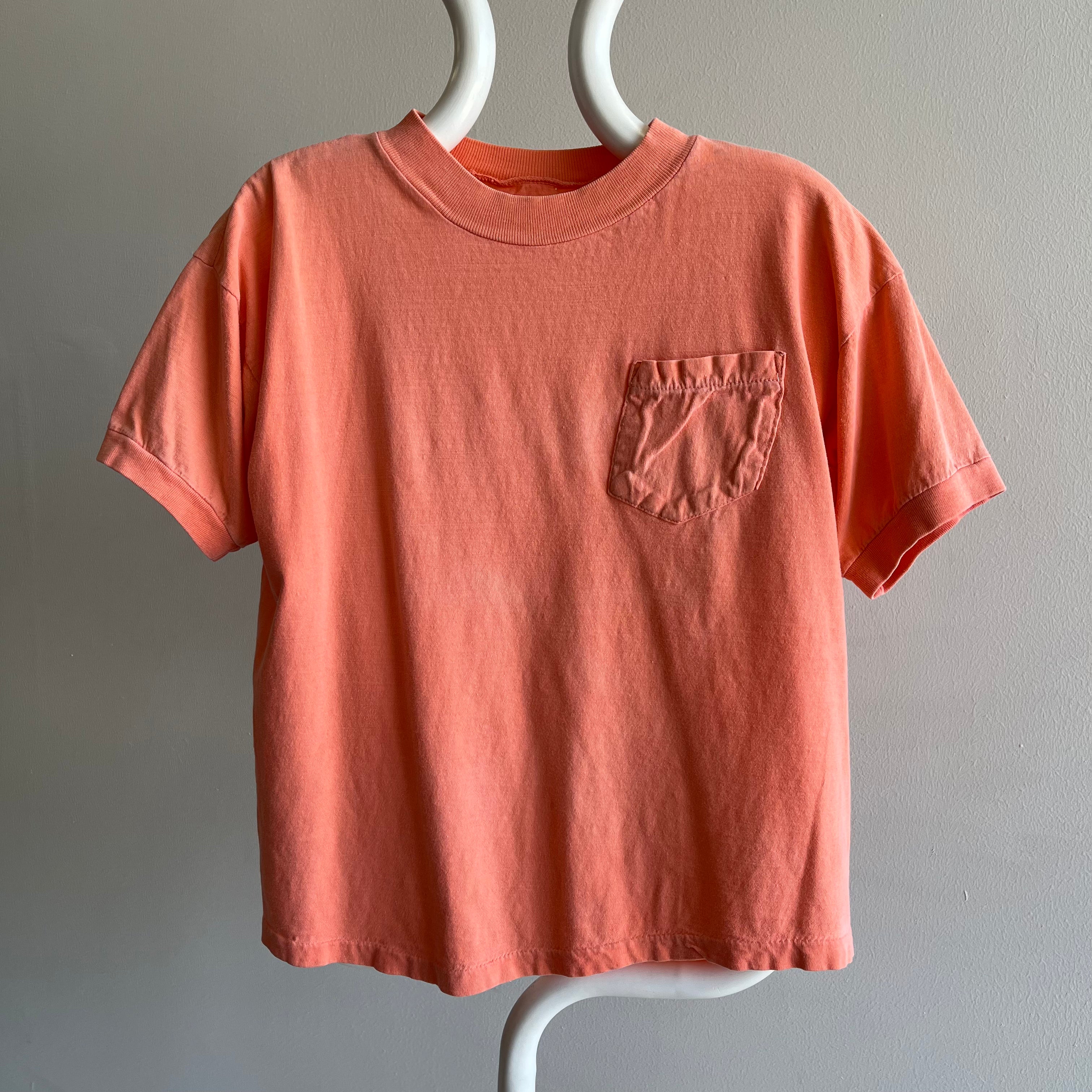 1990s Faded Neon Orange Boxy Cotton Pocket T-Shirt