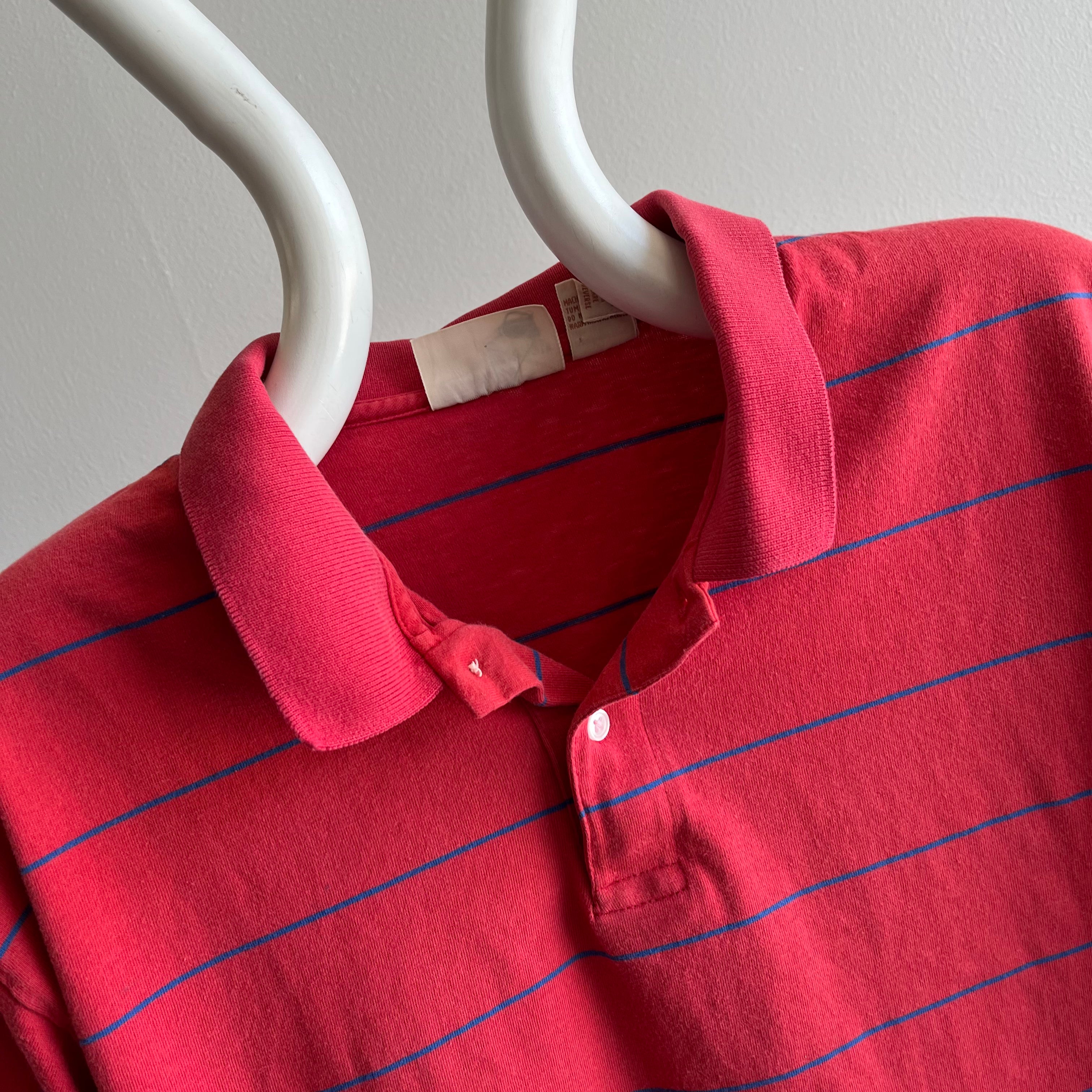 1980s Faded Striped Red and Blue Polo Shirt