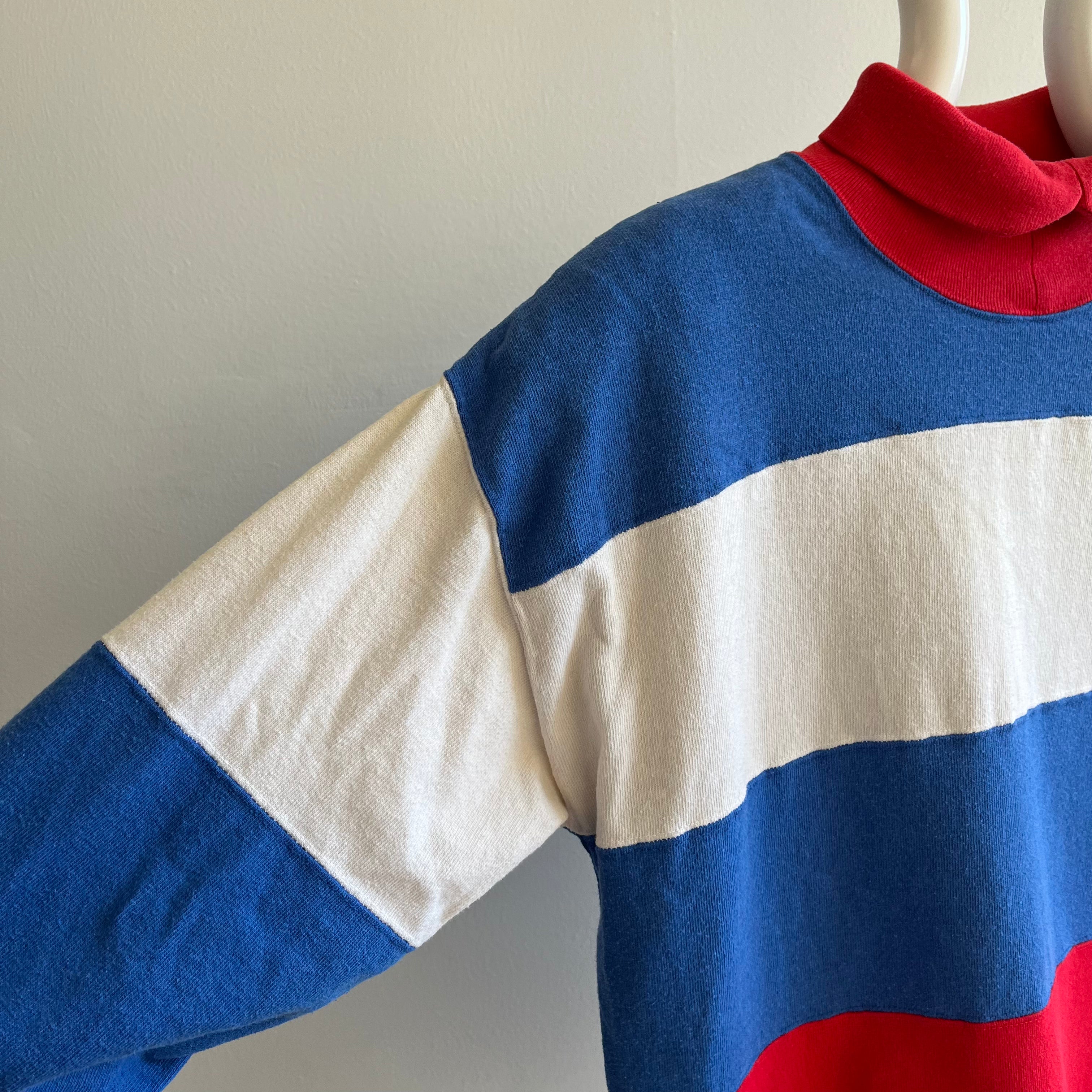 1980s Bonjour Brand Color Block Heavyweight Mock Neck Long Sleeve Shirt - Shoulder Pads!