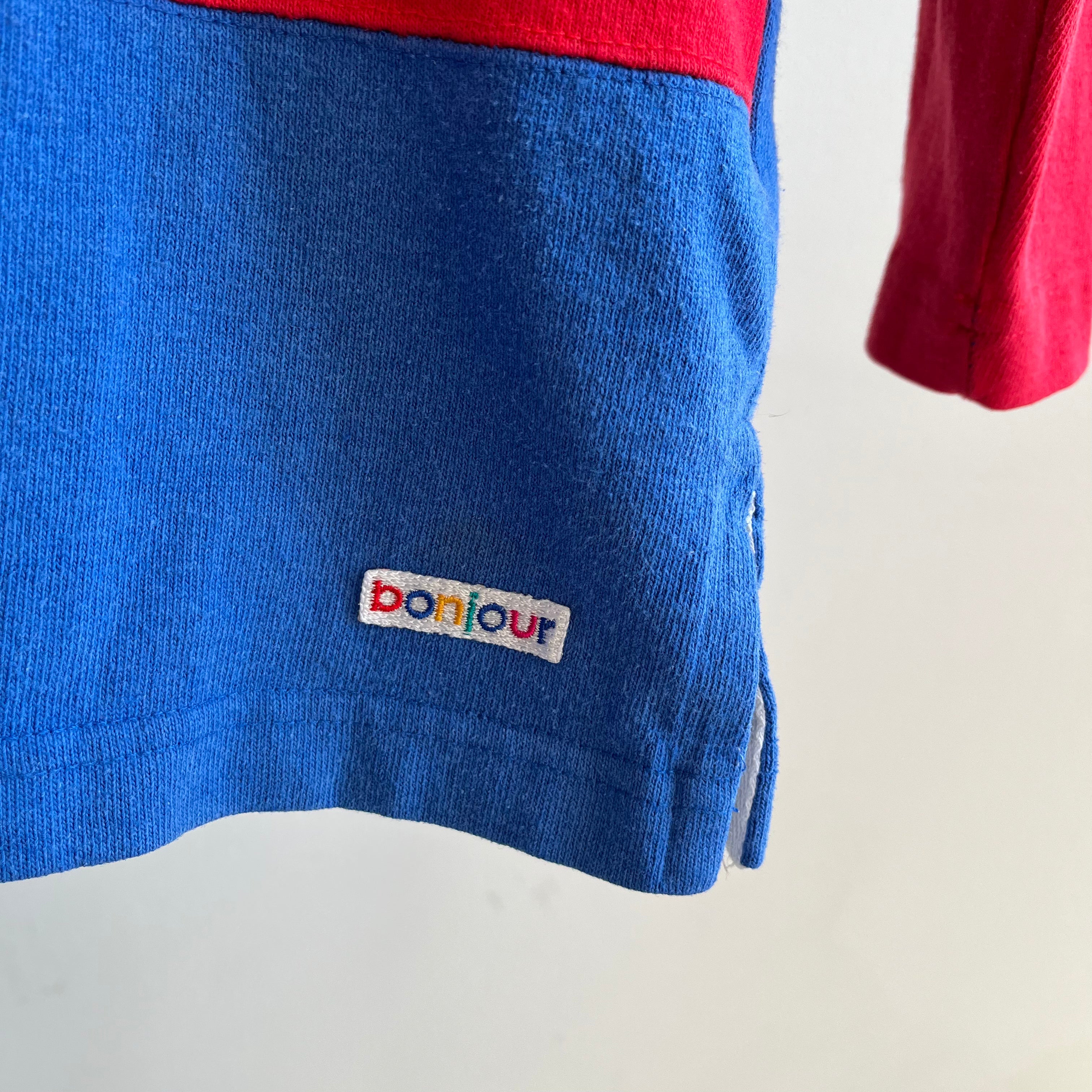 1980s Bonjour Brand Color Block Heavyweight Mock Neck Long Sleeve Shirt - Shoulder Pads!