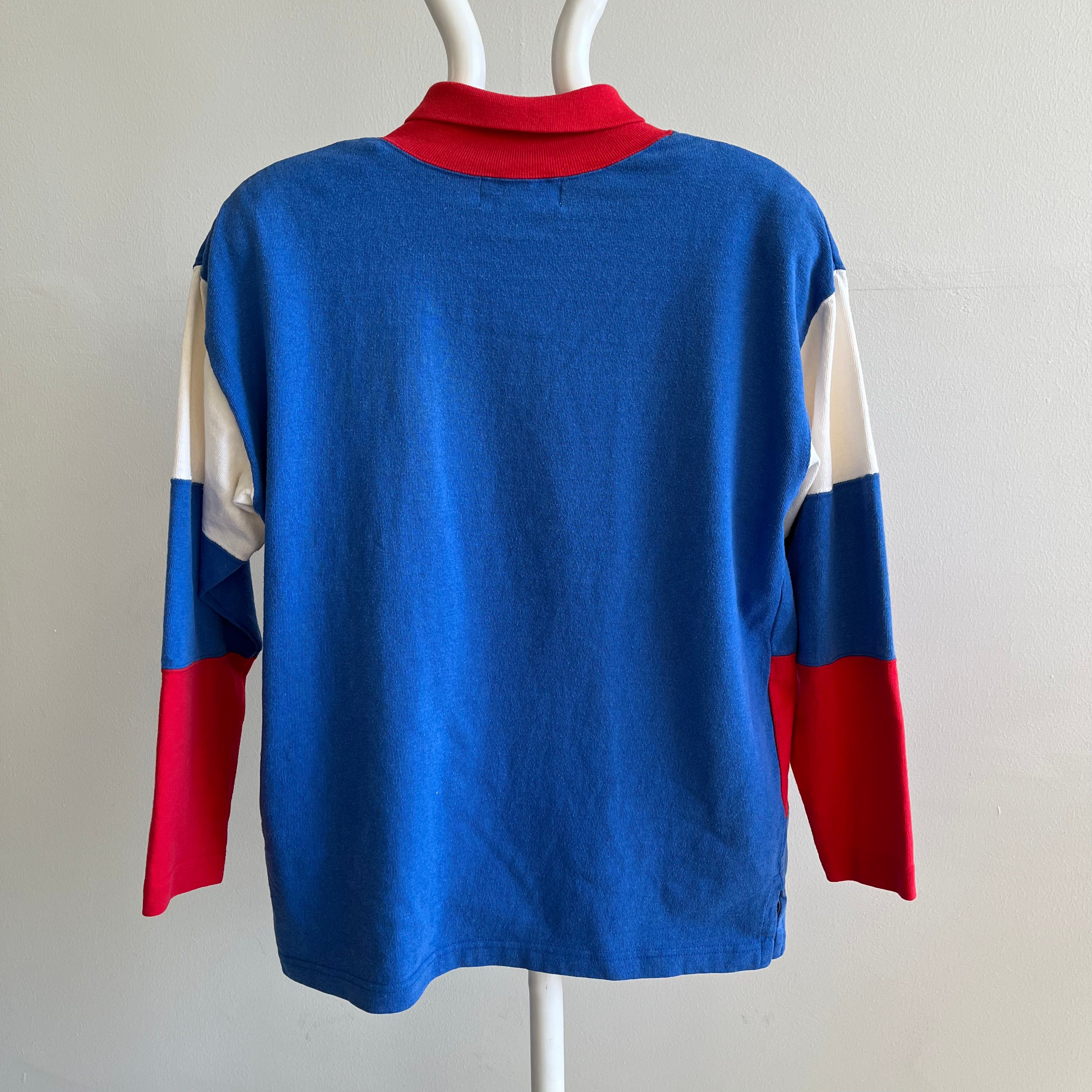 1980s Bonjour Brand Color Block Heavyweight Mock Neck Chemise à manches longues - Épaulettes!