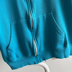 Sweat à capuche zippé bleu sarcelle super doux des années 1980 fabriqué aux États-Unis