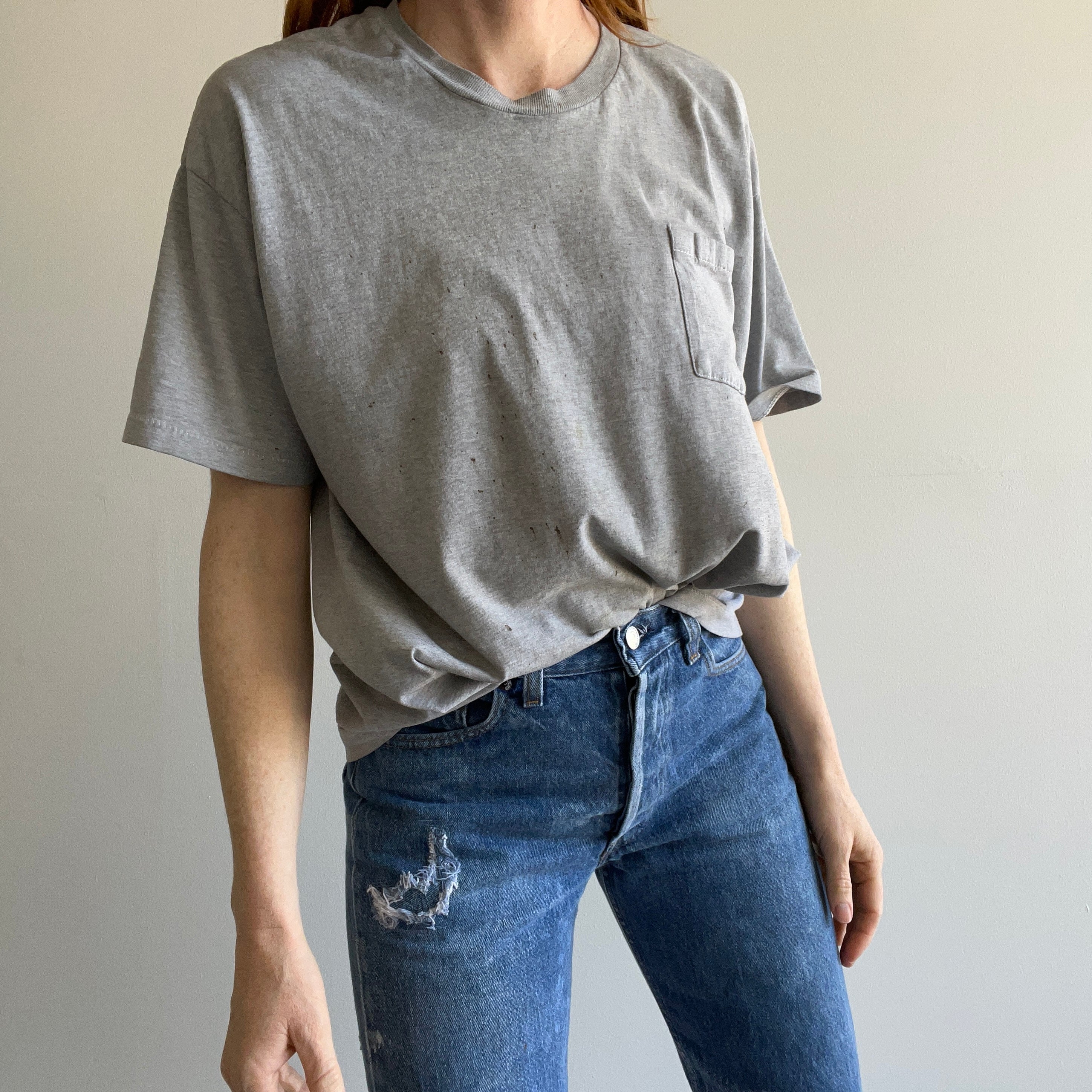 2000s Soft Stained Contrast Stitching Slouchy Pocket T-Shirt