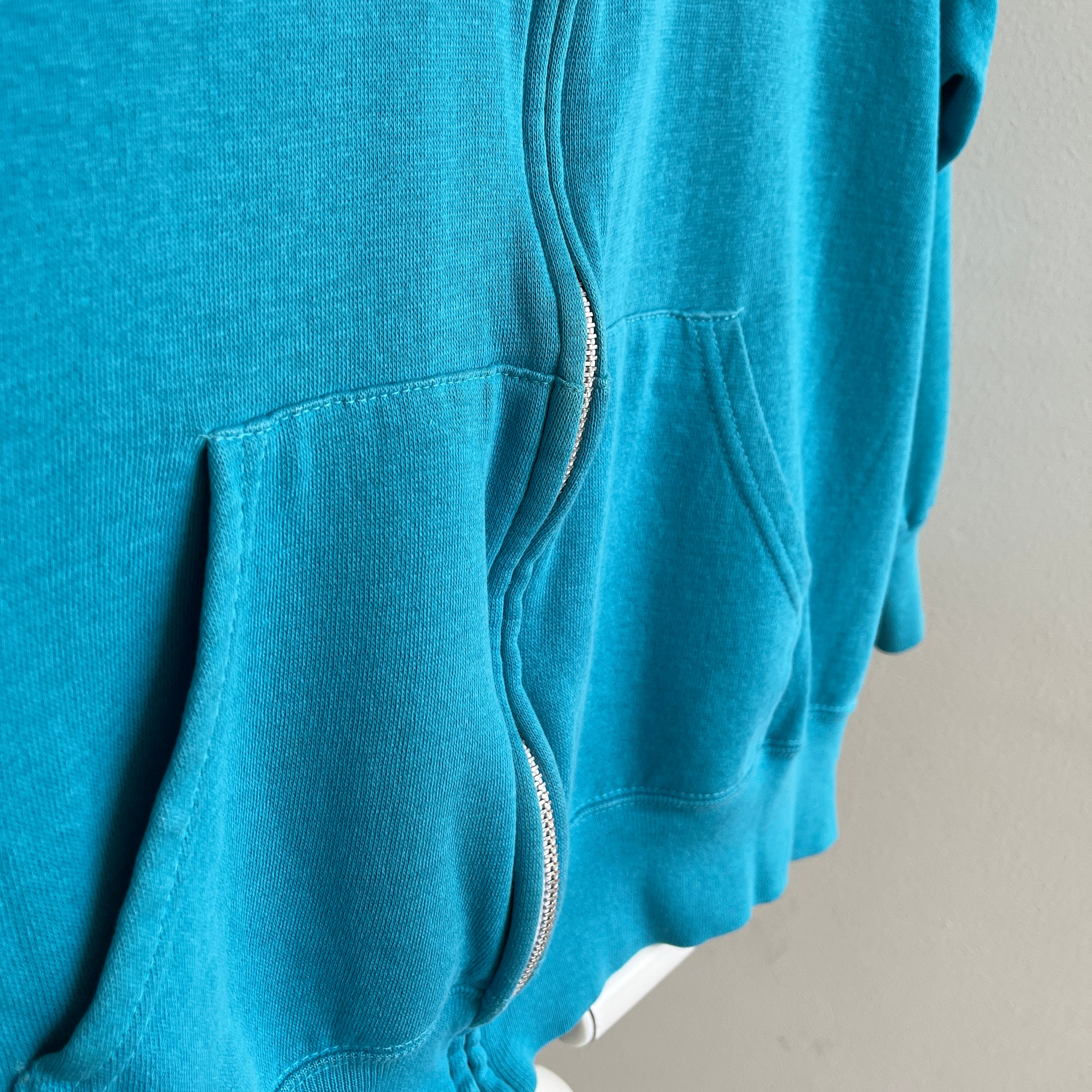 Sweat à capuche zippé bleu sarcelle super doux des années 1980 fabriqué aux États-Unis