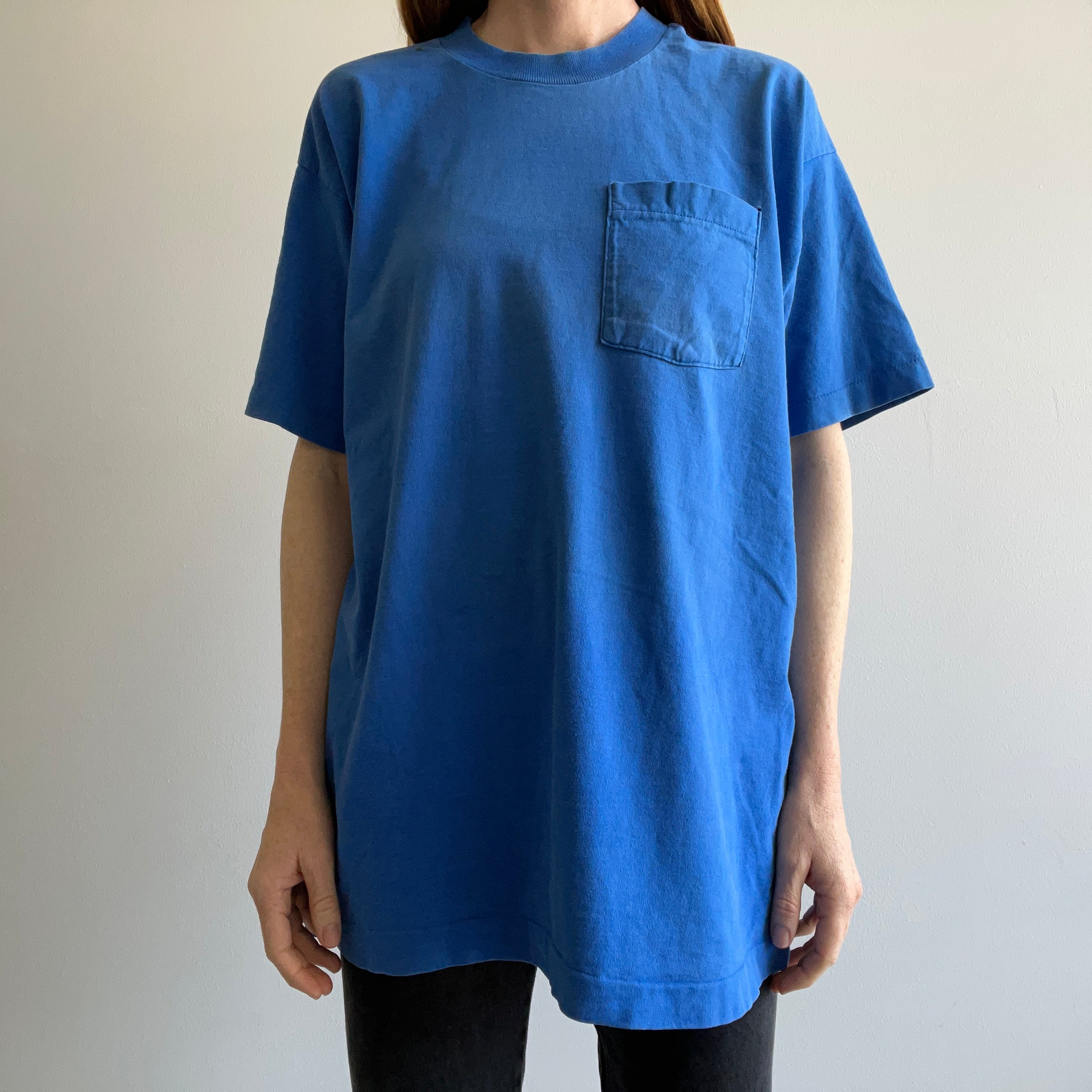1980s Medium Weight Single Stitch Blank Blue Pocket T-Shirt