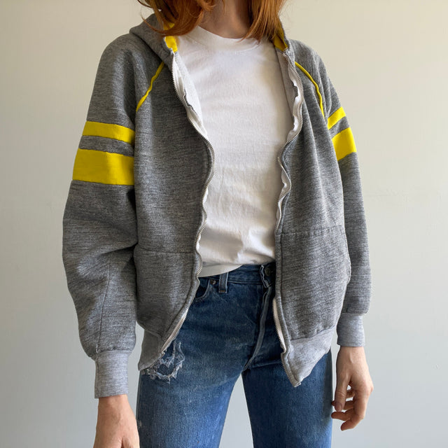 1970s EPIC Neon Yellow Double Arm Stripe Contrast Zip Up Hoodie