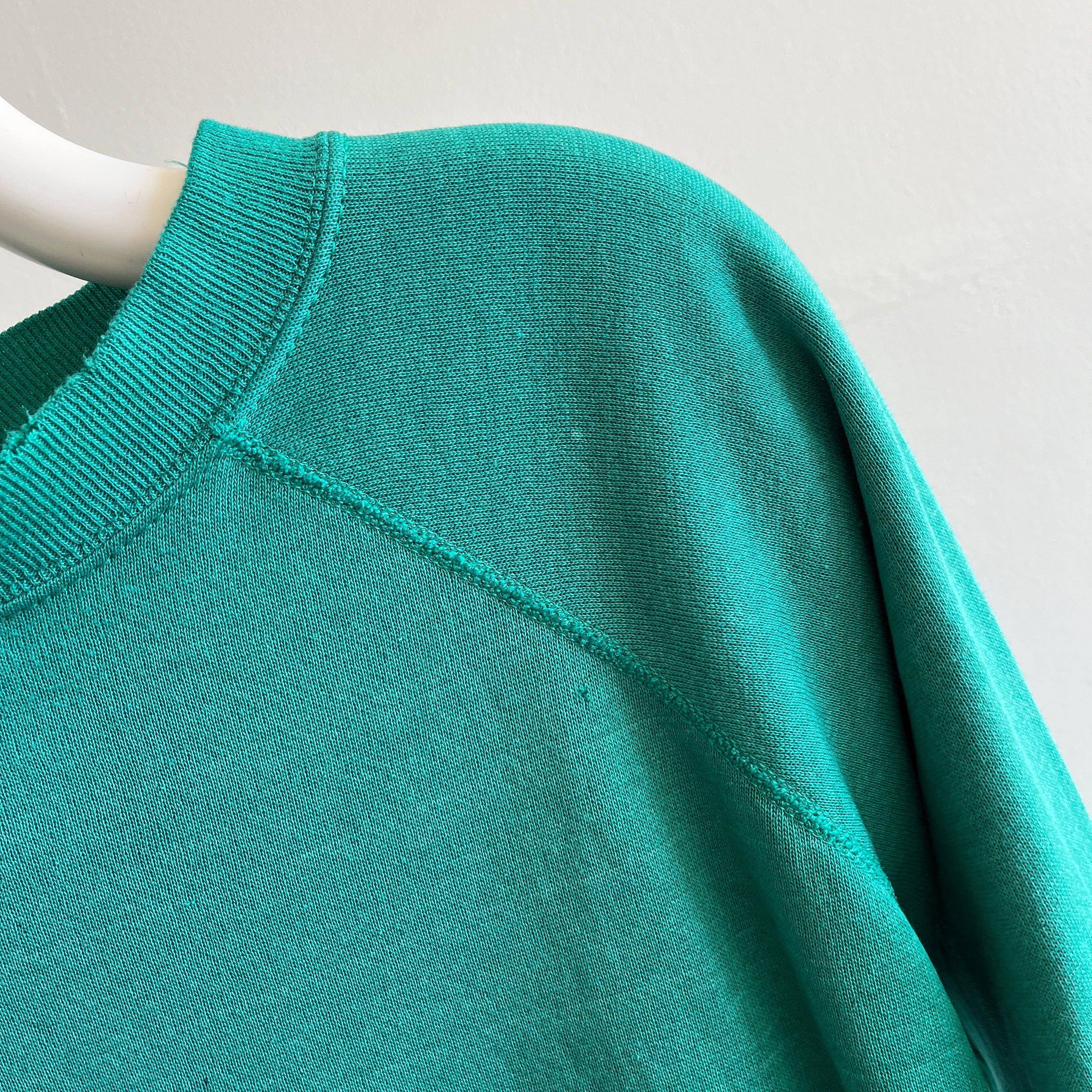 1980s Super Faded, Thin, Pin Striped, Paint Stained Teal Raglan