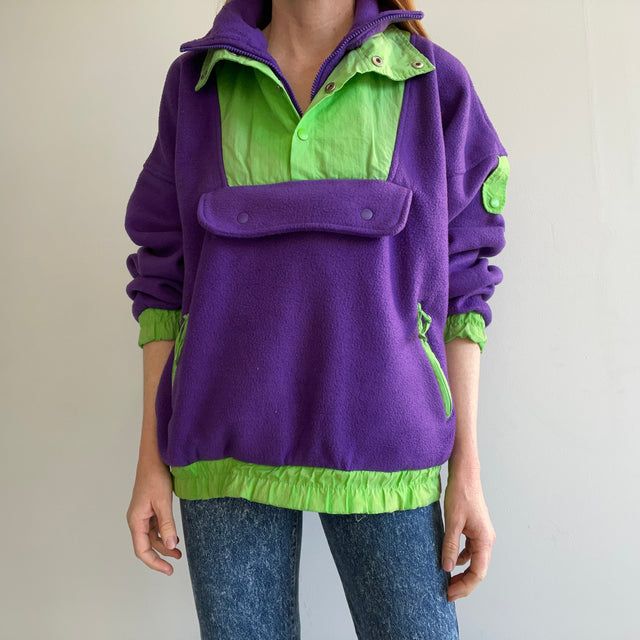 1980s Purple et Neon Green Epic Fleece 1/4 Zip avec plein de poches