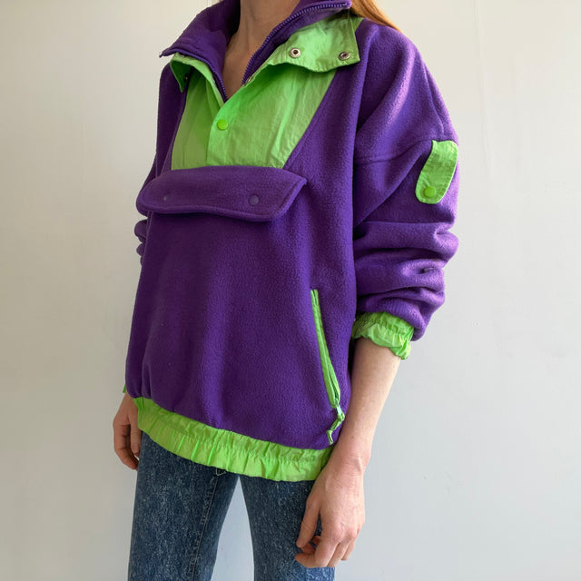 1980s Purple and Neon Green Epic Fleece 1/4 Zip with Plenty of Pockets