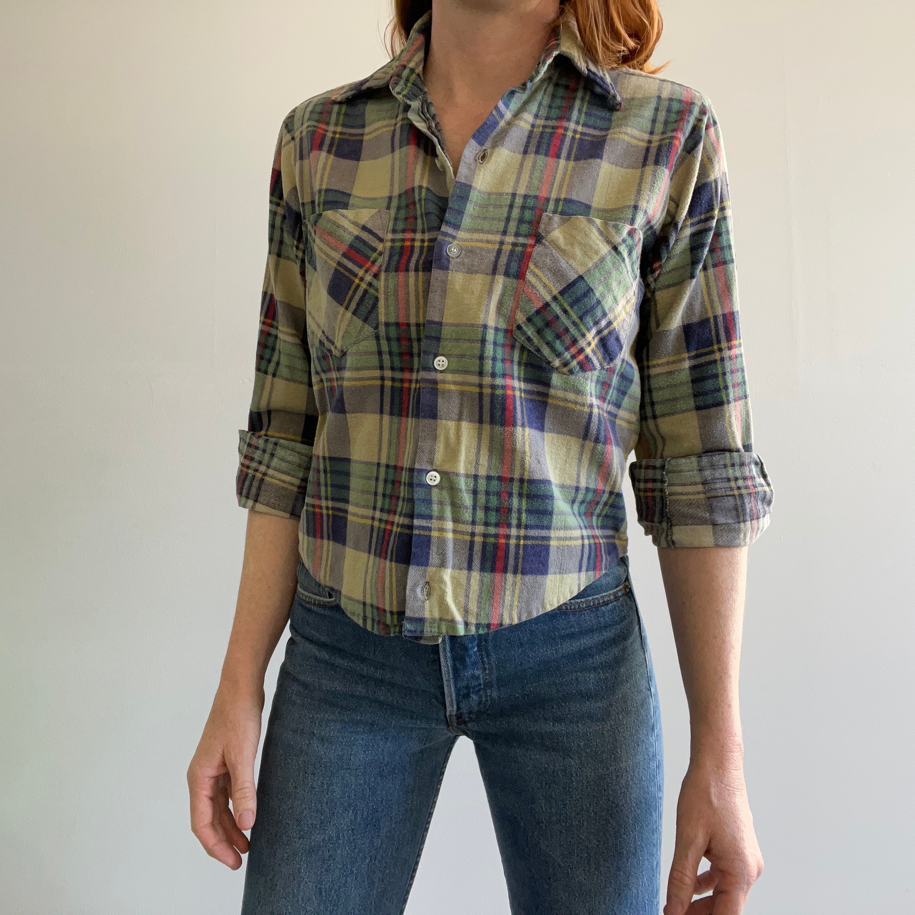 1970s Fitted Sun Faded Super Soft Flannel by Montgomery Ward