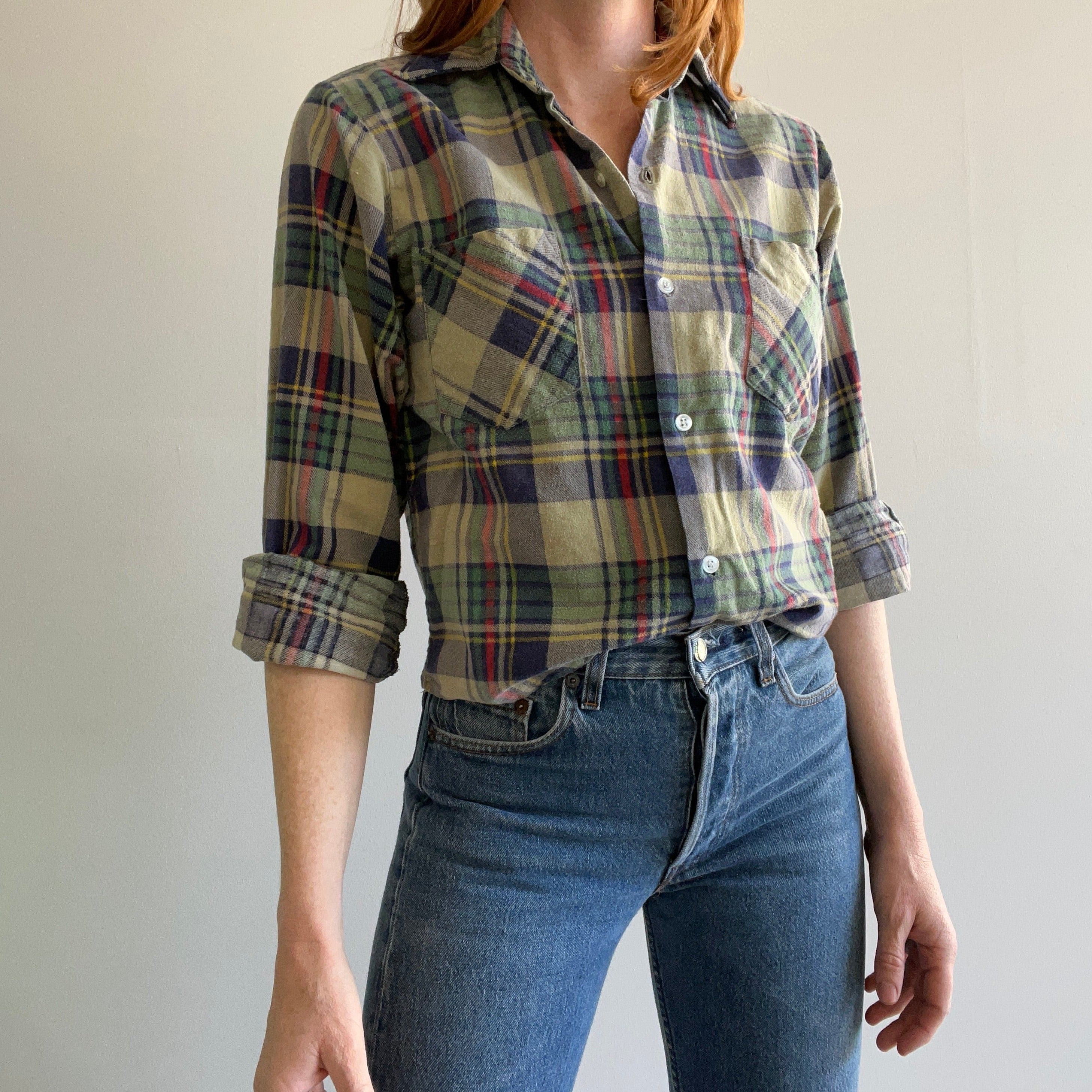 1970s Fitted Sun Faded Super Soft Flannel by Montgomery Ward