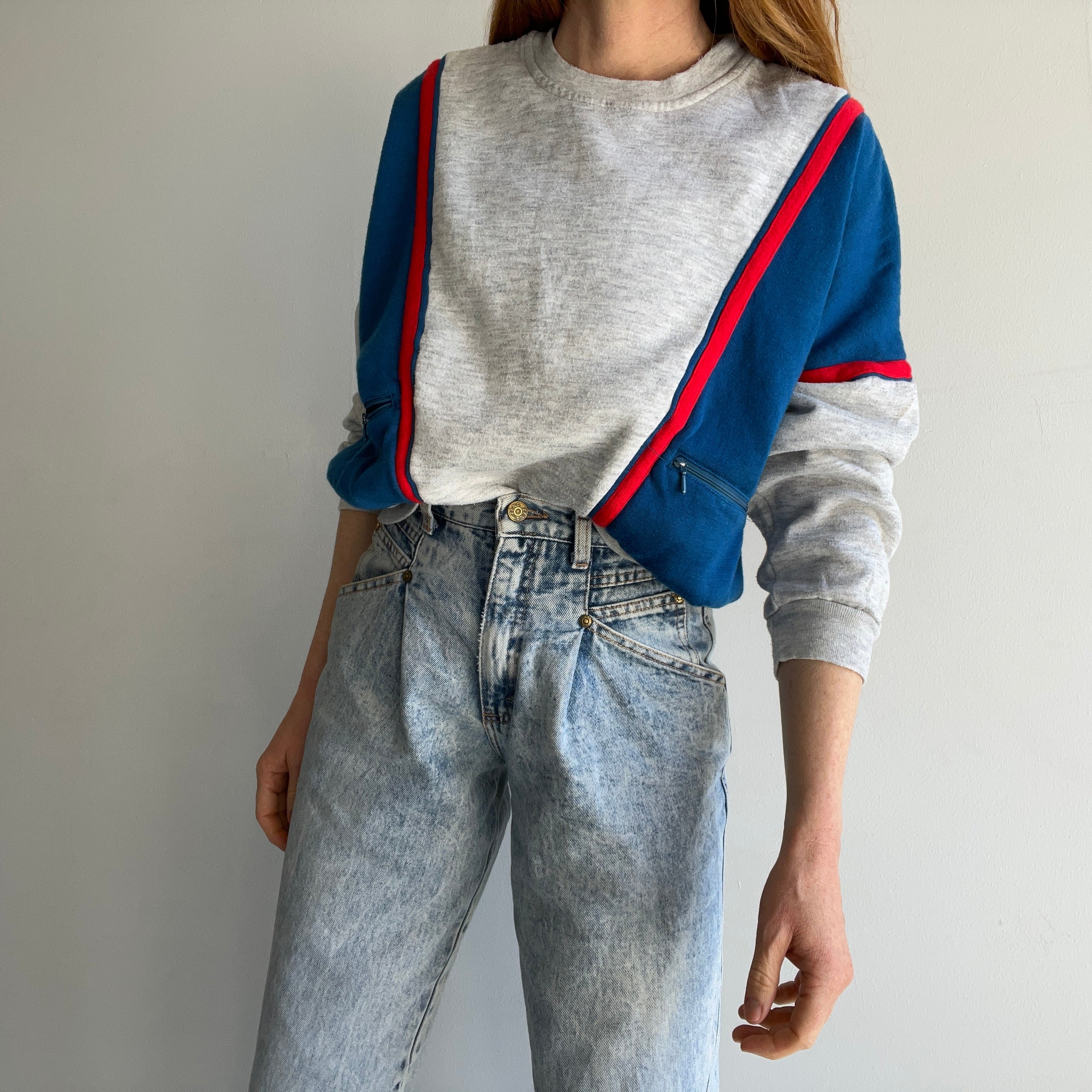 1980s Color Block Red, Gray and Blue Sweatshirt with Zip Pockets