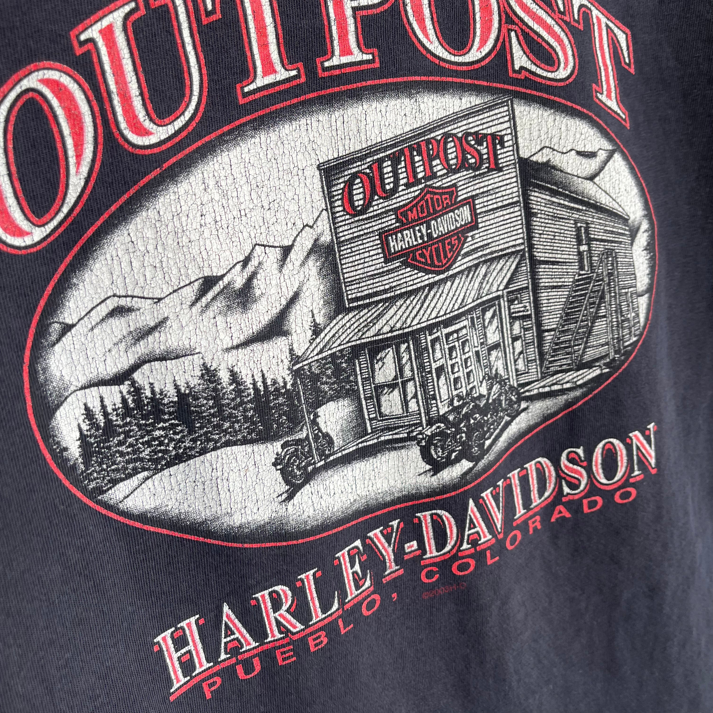 T-shirt de poche Harley en coton à manches longues en lambeaux, battu, peint des années 1990