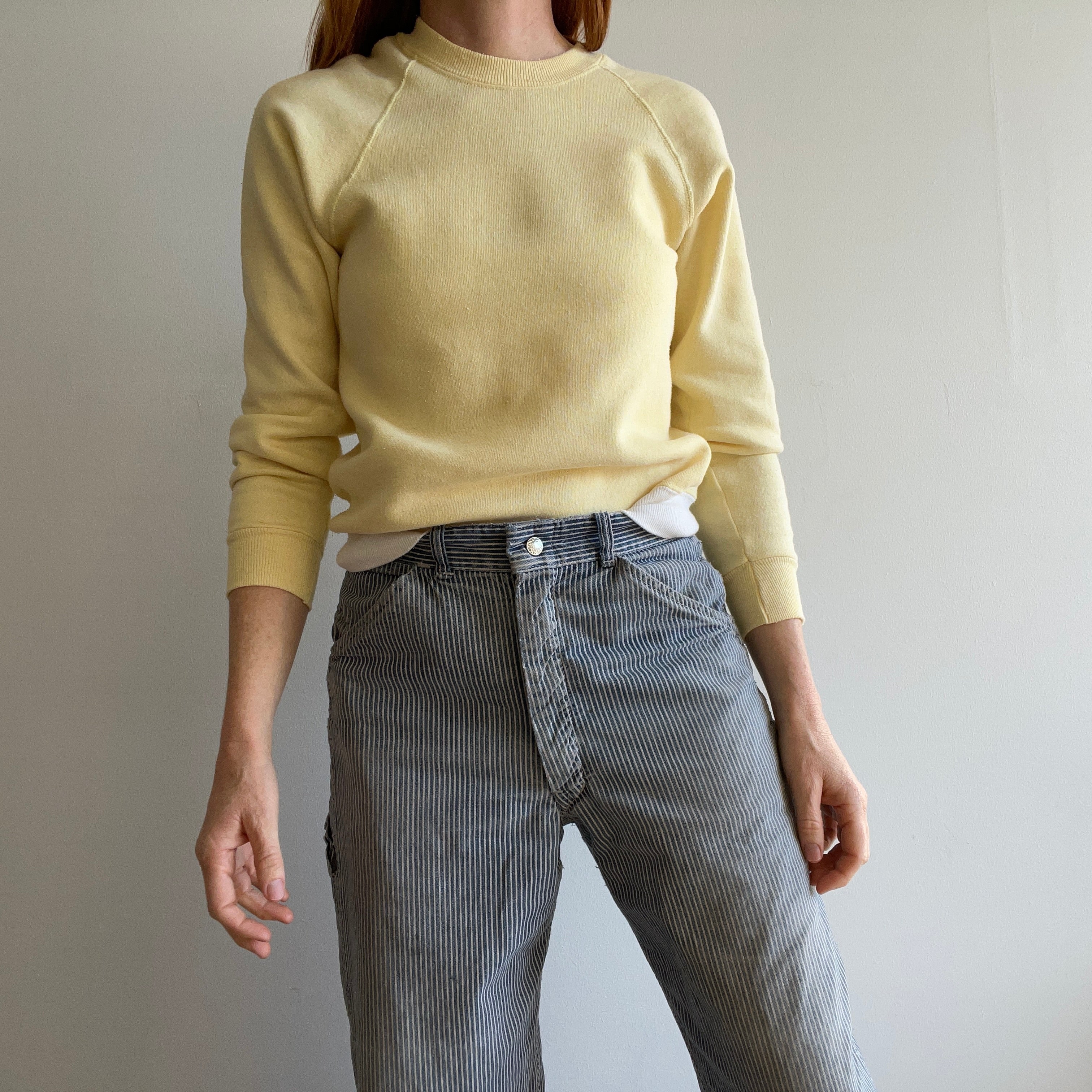 1980s Pale Yellow and White Raglan