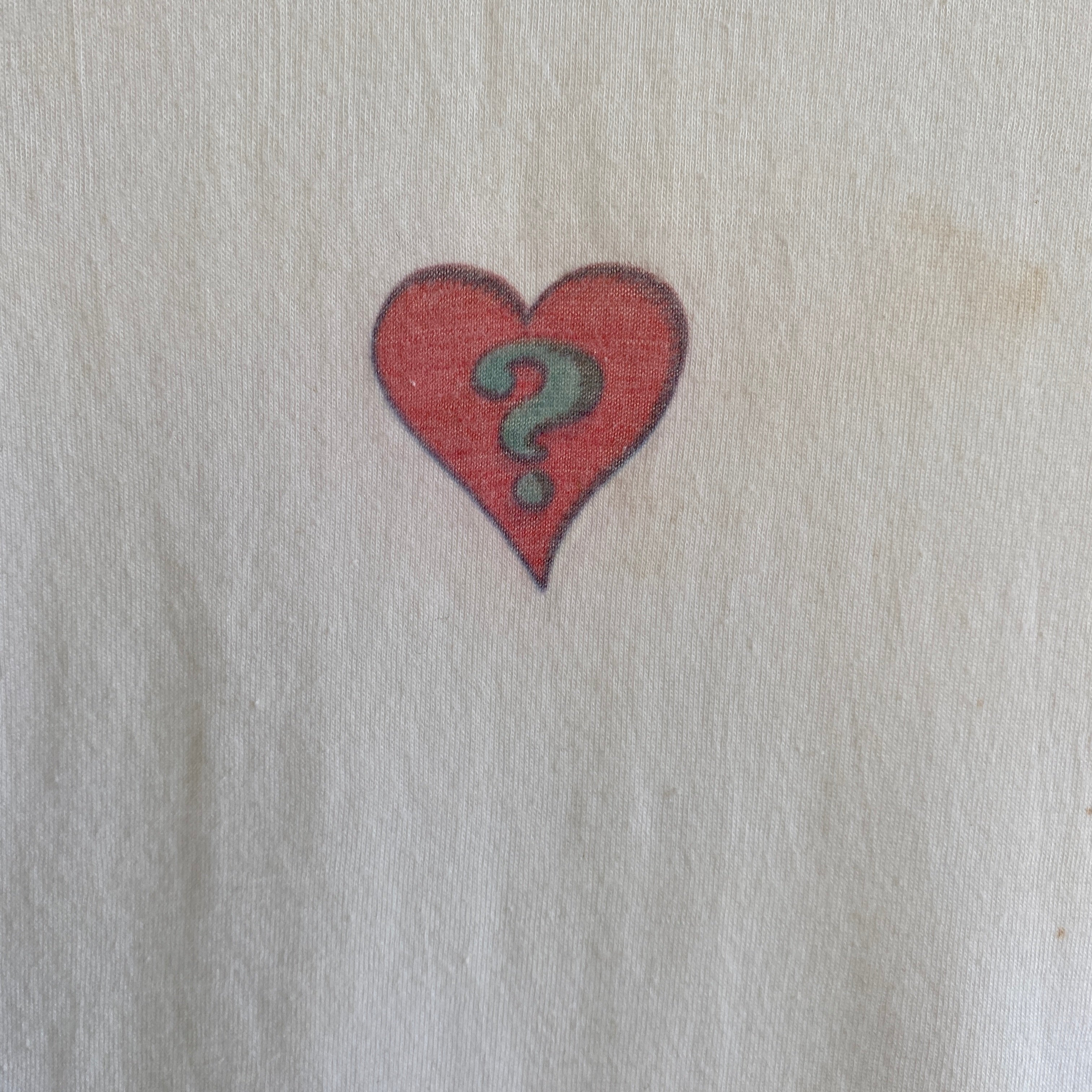 1970s DIY Sharpie Heart with a ? Super Age Stained White T-Shirt