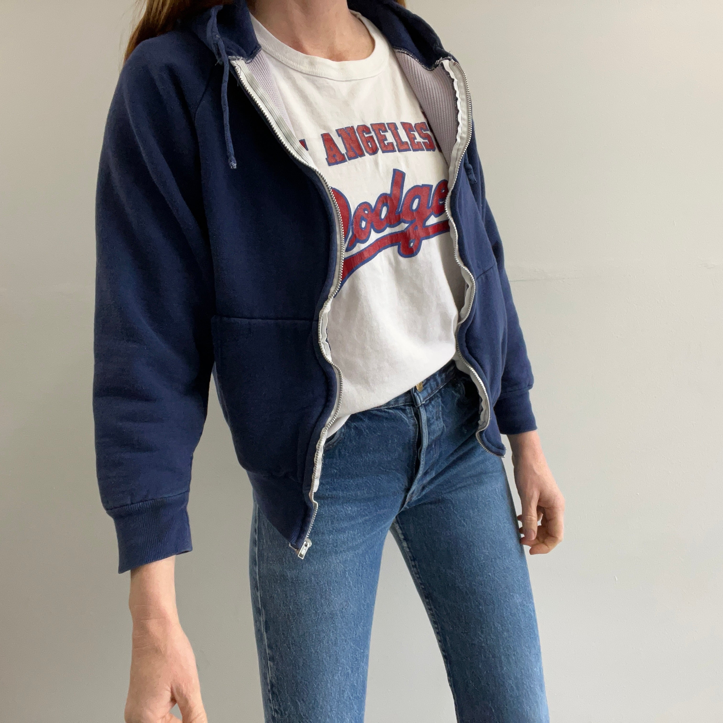 1980s Smaller Sized Navy Zip Up Waffle Hoodie