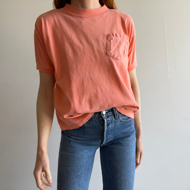 1990s Faded Neon Orange Boxy Cotton Pocket T-Shirt