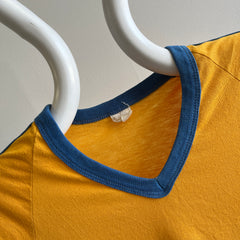 1970s Triple Stripe V-Neck Marigold and Blue Ring T-Shirt