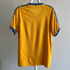 1970s Triple Stripe V-Neck Marigold and Blue Ring T-Shirt