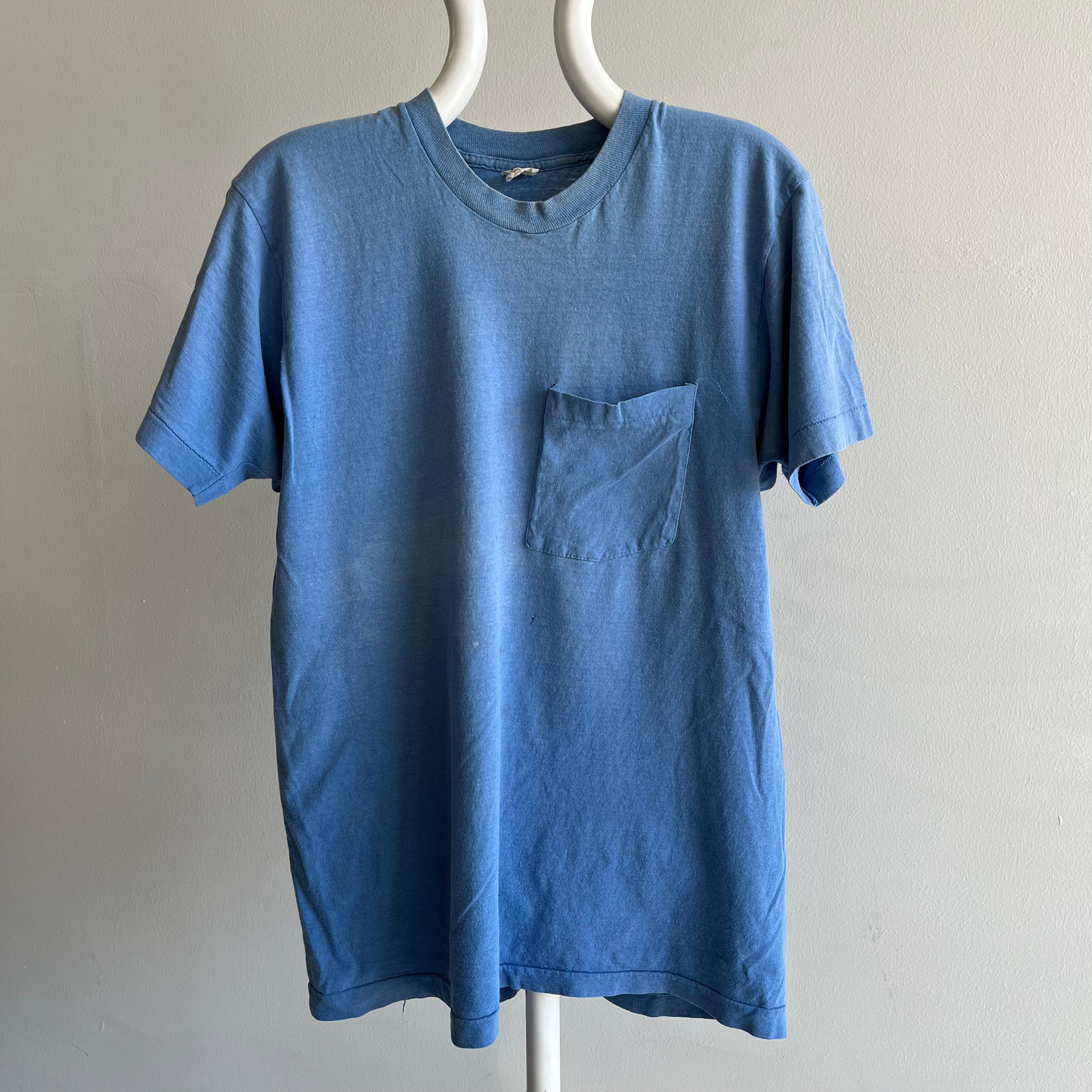 1980s Nicely Stained and Faded Light Blue FOTL Cotton Pocket T-Shirt